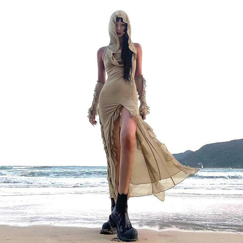 Dune Waste Soil Balaclava Design Solid Color Dress Retro Sexy Slim Fit Slit - Bellarte Enchanté Dune Waste Soil Balaclava Design Solid Color Dress Retro Sexy Slim Fit Slit